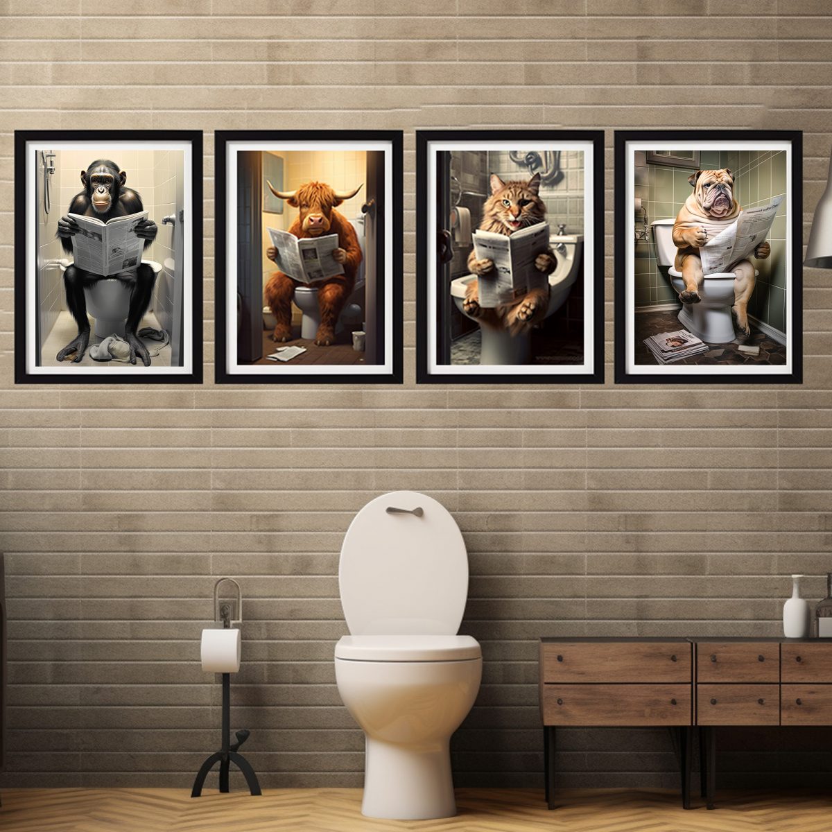 Lustige Bilder Tiere lesen Zeitung auf Toilette Poster Set - Dekomundo