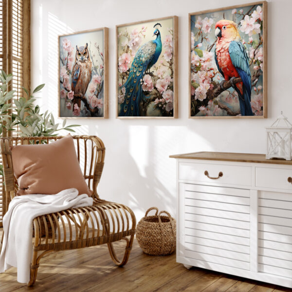 Wunderschöne Paradiesvögel Pfau Eule Papagei Bilder Poster Set Wanddekoration für Wohnzimmer