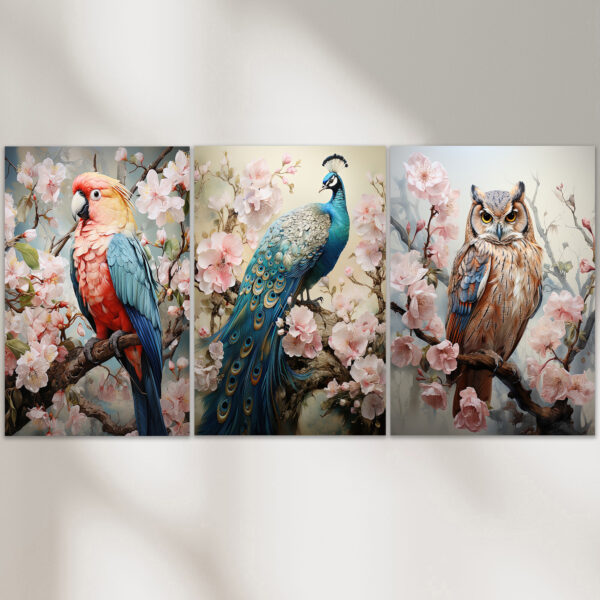 Wunderschöne Paradiesvögel Pfau Eule Papagei Bilder Poster Set Wanddekoration für Wohnzimmer