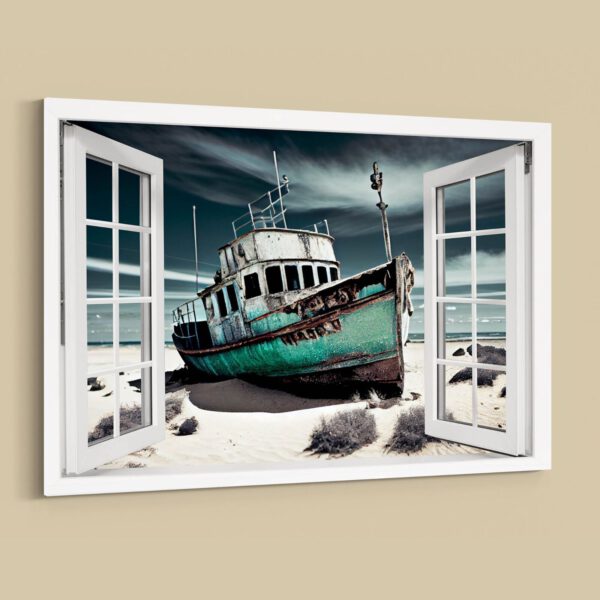 Fensterblick Alte Schiffskutter am Strand Leinwandbild Wandbild 3D Effekt