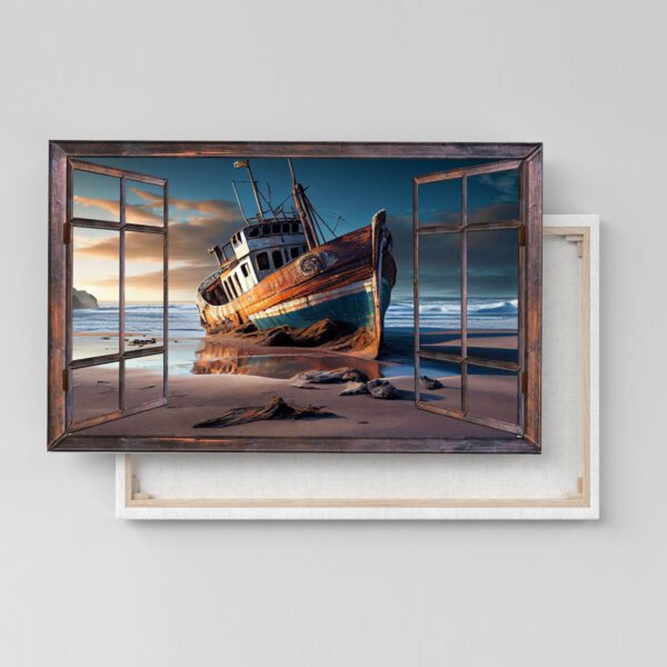 Fensterblick Alte Schiffskutter am Strand Leinwandbild Wandbild 3D Effekt