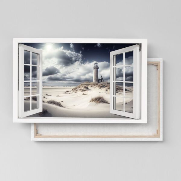 Fensterblick Leuchtturm im Gegenlicht an der See Leinwandbild Wandbild 3D Effekt
