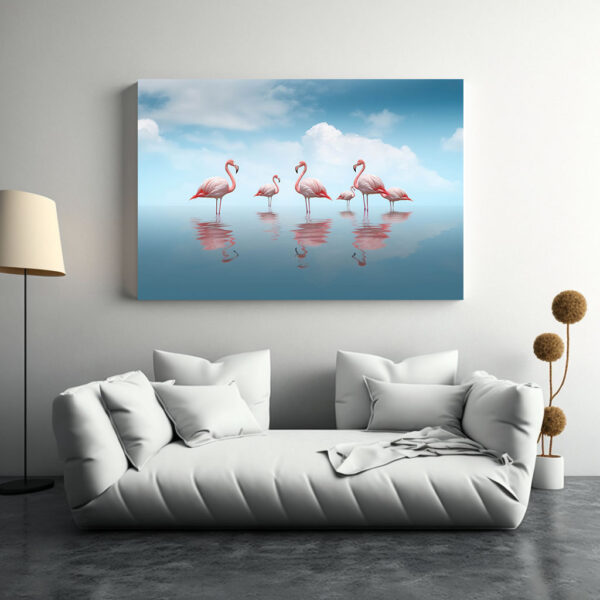 Flamingos im Wasser unter blauem Himmel Leinwandbild, Bild mit Rahmen oder Fotoposter