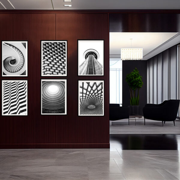 Architektur Poster Set Bilder Moderne Bürobilder in Schwarz Weiß - ohne Bilderrahmen - 6x DIN A4 oder 6x 30x40 cm Gebäude, Fassaden, Balkone, Wendeltreppe
