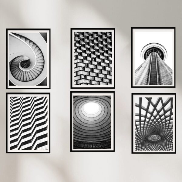 Architektur Poster Set Bilder Moderne Bürobilder in Schwarz Weiß - ohne Bilderrahmen - 6x DIN A4 oder 6x 30x40 cm Gebäude, Fassaden, Balkone, Wendeltreppe