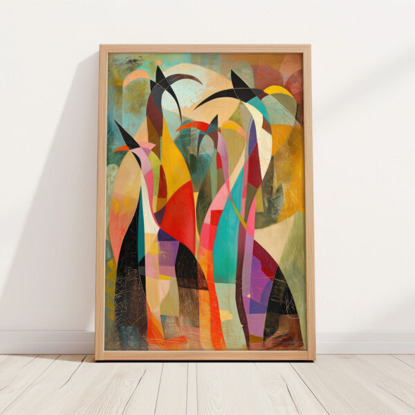 Abstraktes Bild mit Rahmen bunte geometrische Formen als Kunstdruck mit Holzrahmen