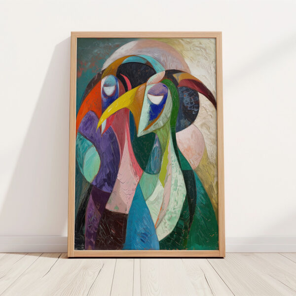 Abstraktes Bild mit Rahmen 2 bunte Vögel als Kunstdruck mit Holzrahmen