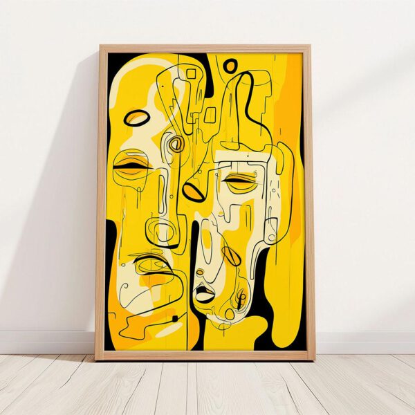 Abstraktes Bild mit Rahmen Fragmentierung in Gelb als Kunstdruck mit Holzrahmen