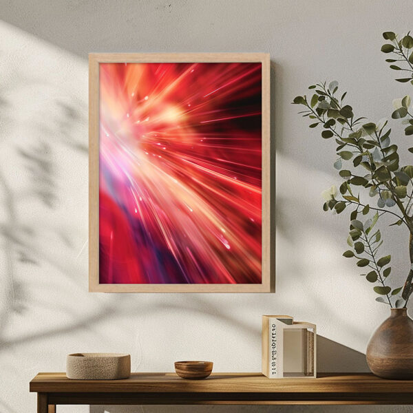 Abstraktes Bild mit Rahmen Licht in Rot als Kunstdruck mit Holzrahmen
