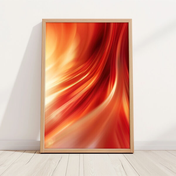 Abstraktes Bild mit Rahmen Licht in Orange-Rot als Kunstdruck mit Holzrahmen