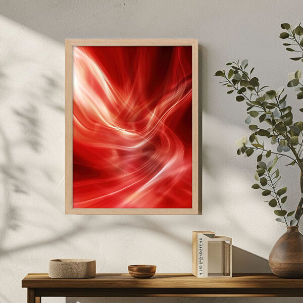 Abstraktes Bild mit Rahmen Licht in Rot Weiß als Kunstdruck mit Holzrahmen