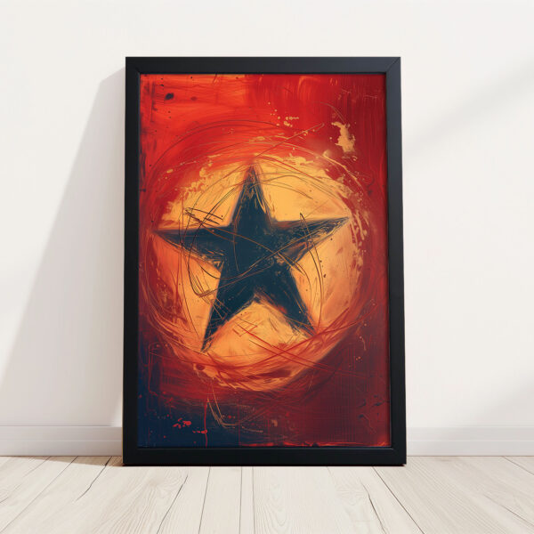 Abstraktes Bild mit Rahmen Orange Rot mit Stern als Kunstdruck mit Holzrahmen