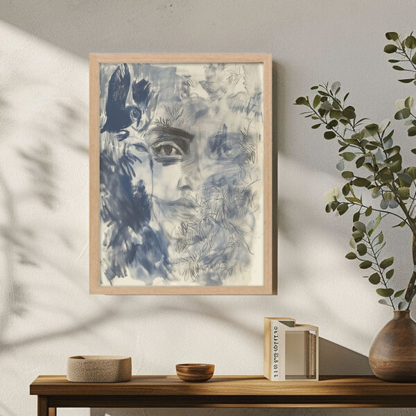 Abstraktes Zeichnung mit Rahmen Schattierungen von Blau Schwarz als Kunstdruck mit Holzrahmen