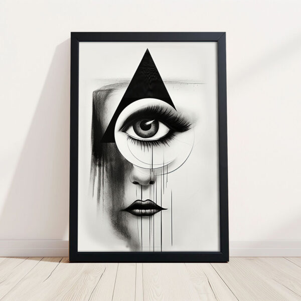 Das Auge - Schwarz Weiß Tintenbild Kunstdruck Bild mit schwarzem Rahmen aus Holz