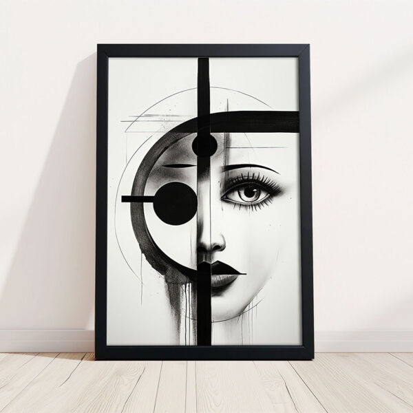Geometrie Gesicht Mix - Schwarz Weiß Tintenbild Kunstdruck Bild mit schwarzem Rahmen aus Holz