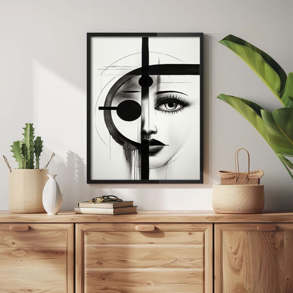 Geometrie Gesicht Mix - Schwarz Weiß Tintenbild Kunstdruck Bild mit schwarzem Rahmen aus Holz