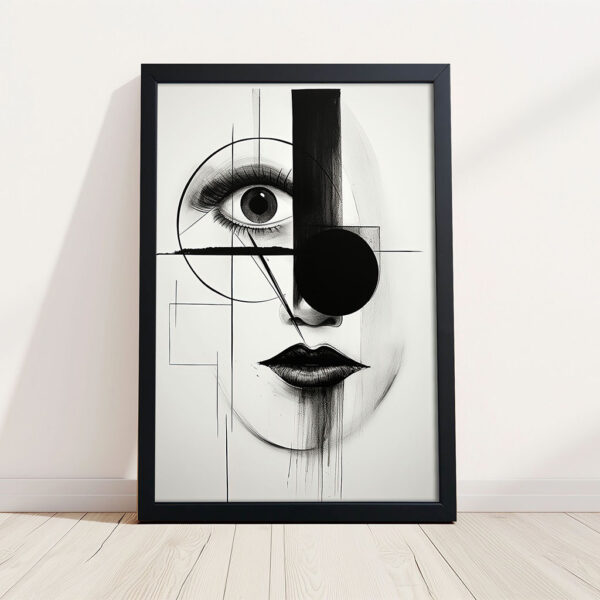 Grafisches Kunstwerk in Schwarz-Weiß Kunstdruck Bild mit schwarzem Rahmen aus Holz