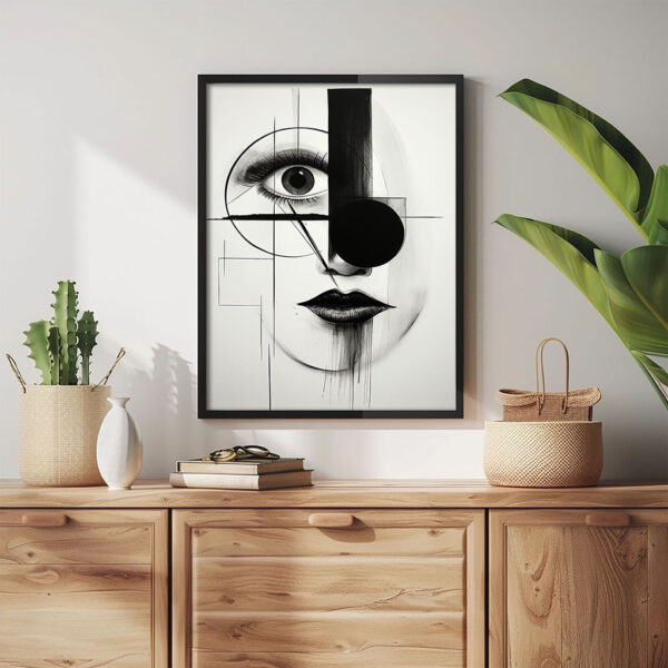 Grafisches Kunstwerk in Schwarz-Weiß Kunstdruck Bild mit schwarzem Rahmen aus Holz