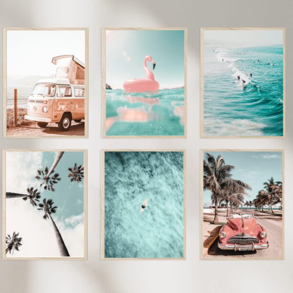 Sommer Poster Set Bilder - ohne Bilderrahmen - 6x DIN A4 oder 6x 30x40 cm Palmen, Meer, Surfen