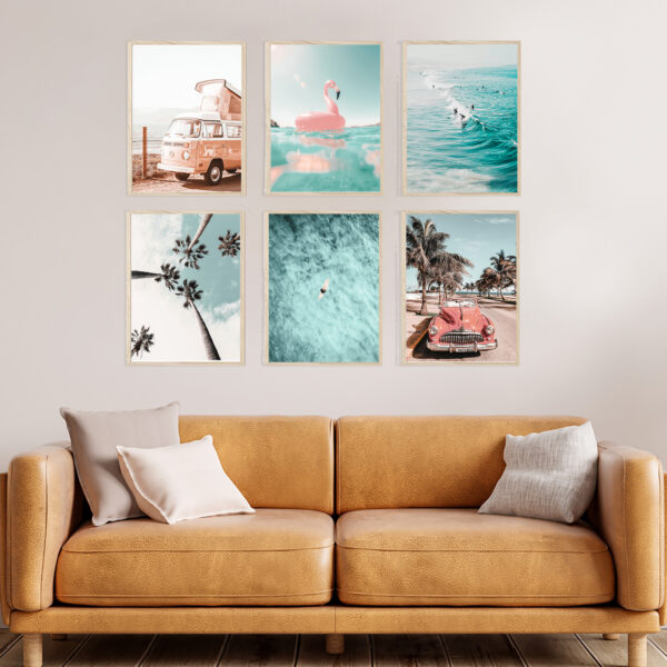 Sommer Poster Set Bilder - ohne Bilderrahmen - 6x DIN A4 oder 6x 30x40 cm Palmen, Meer, Surfen