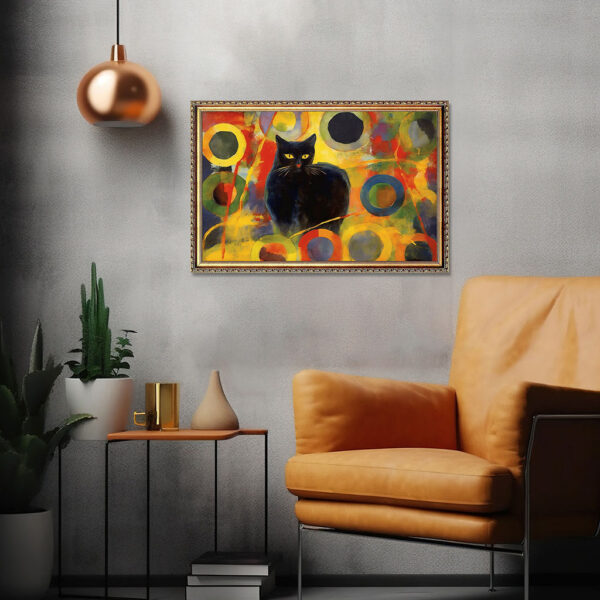 Schwarze Kater im Wassily Kandinsky Stil Leinwand Bild mit Goldrahmen