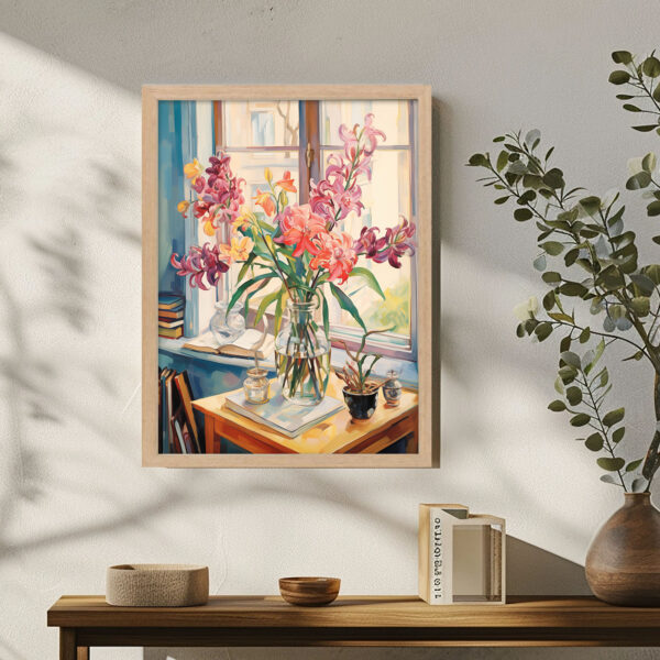 Blumen am Fenster Kunstdruck Bild mit Rahmen als Wanddekoration