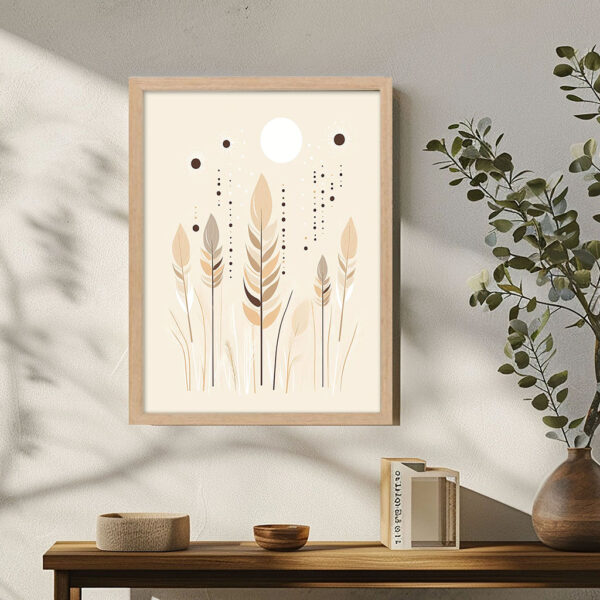 Abstraktes Bild mit Rahmen Pflanzen im Boho Stile als Kunstdruck mit Holzrahmen