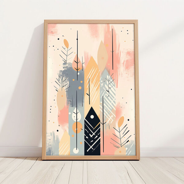 Abstraktes Bild mit Rahmen Pflanzen und Bäume in Pastellfarben als Kunstdruck mit Holzrahmen