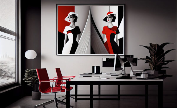 Zwei Damen mit Hut in Schwarz Rot Weiß - Abstrakte Malerei auf Leinwand oder Poster
