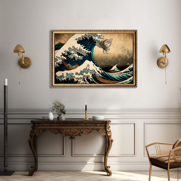 Große Welle mit Katze - Leinwandbild mit Rahmen Fine Art Kunstdruck