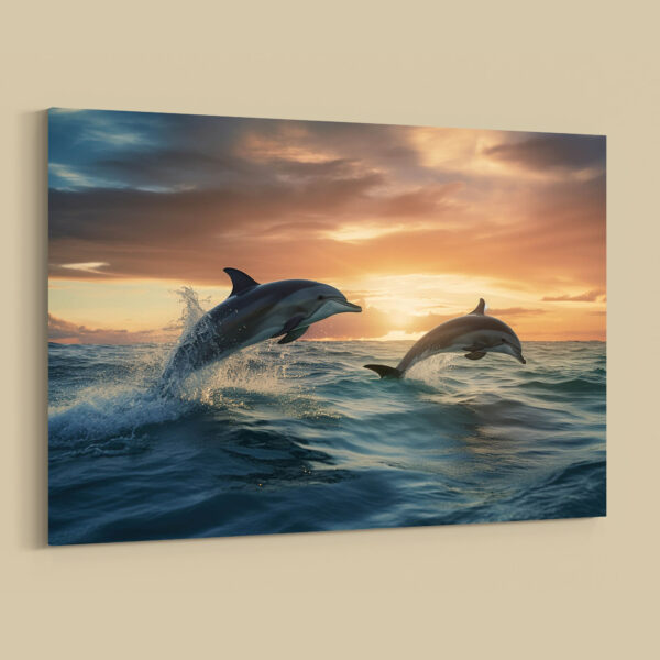 Delfine im Sonnenuntergang Poster, Leinwandbild oder Bild mit Rahmen