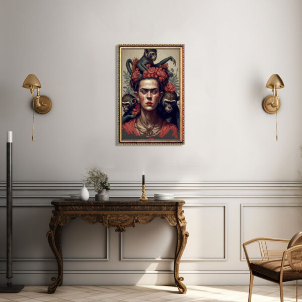 F. Kahlo mit Blumen und Affen Porträt Kunstdruck Leinwandbild mit Rahmen