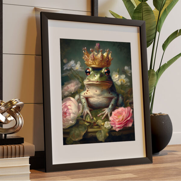 Lustiger grüner Frosch mit Krone auf Rosen Leinwandbild oder Fotoposter Kinderzimmer