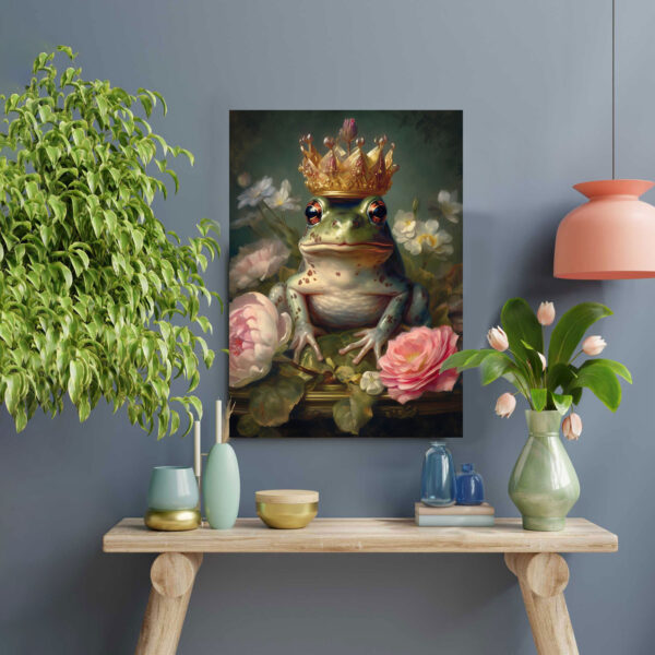 Lustiger grüner Frosch mit Krone auf Rosen Leinwandbild oder Fotoposter Kinderzimmer