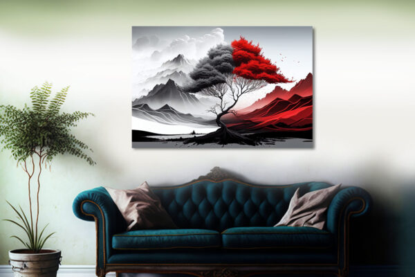 Grau Rote Abstrakte Bäume Landschaft - Kunstdruck auf Leinwand für Wohnzimmer Schlafzimmer Unternehmen