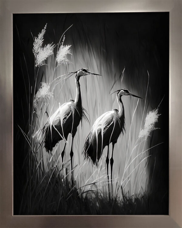 Kranich Paar auf der Wiese Fine Art Kunstdruck Schwarz Weiß mit elegantem Alt-Silber Rahmen