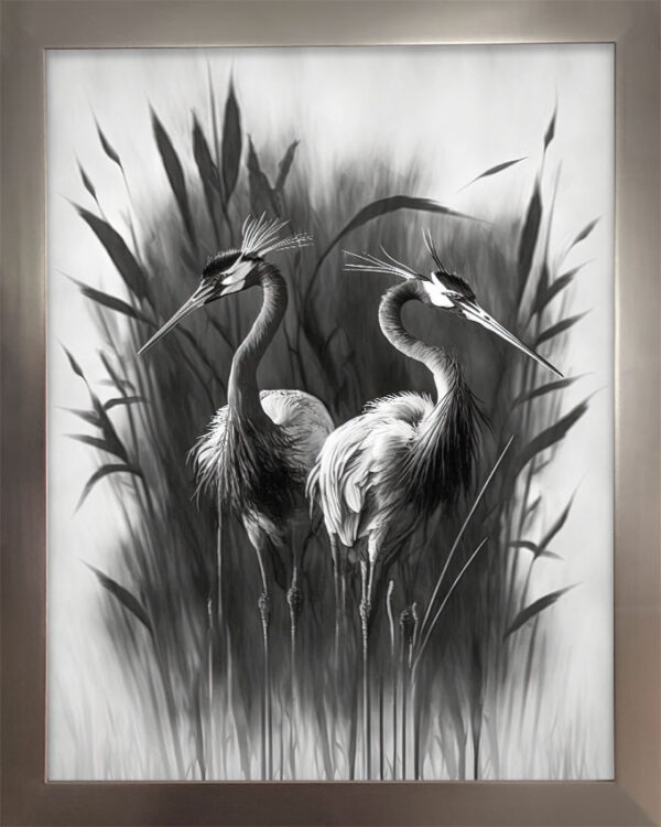 Kraniche laufen im Gras Fine Art Kunstdruck Schwarz Weiß mit elegantem Alt-Silber Rahmen