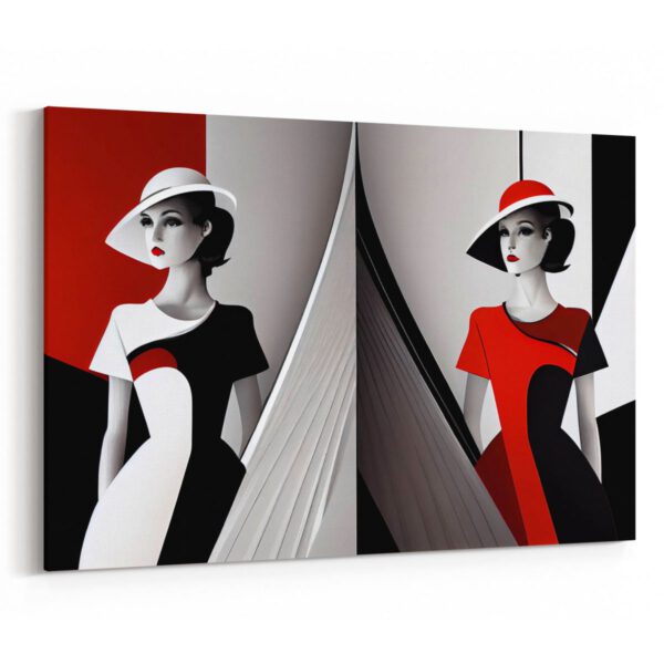 Zwei Damen mit Hut in Schwarz Rot Weiß - Abstrakte Malerei auf Leinwand oder Poster