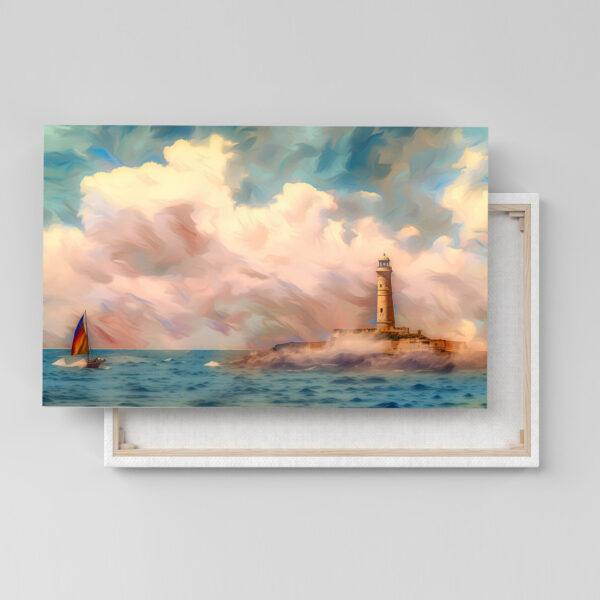Segelboot und Leuchtturm an der Küste als Poster, Leinwandbild oder Bild mit Rahmen