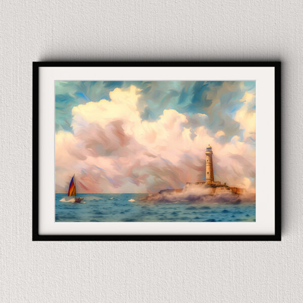 Segelboot und Leuchtturm an der Küste als Poster, Leinwandbild oder Bild mit Rahmen