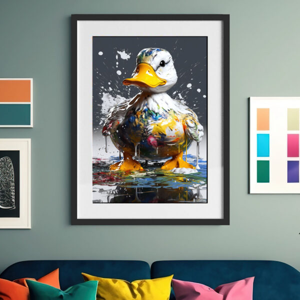 Ente nimmt ein Farbenbad als Poster, Leinwandbild oder Bild mit Rahmen