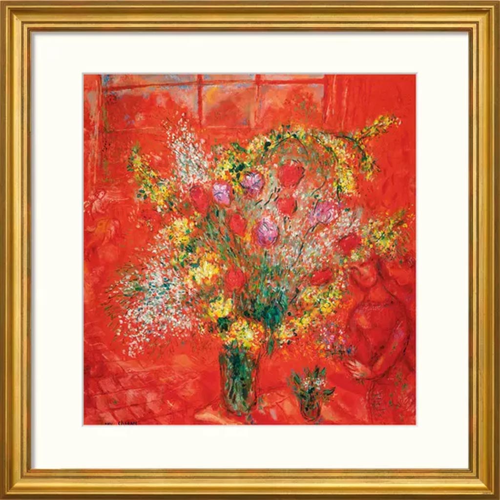 Marc Chagall Bild Fleurs sur fond rouge (1970), gerahmt