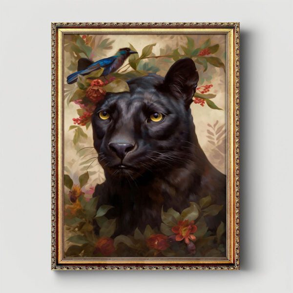Schwarze Panther mit Blumenkrone Leinwandbild mit Rahmen Kunstdruck