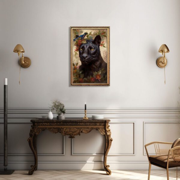 Schwarze Panther mit Blumenkrone Leinwandbild mit Rahmen Kunstdruck