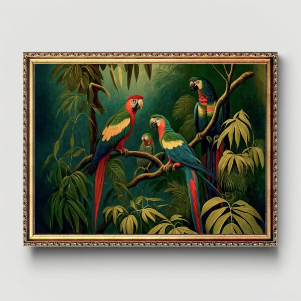 Papageien im Dschungel Leinwandbild mit Rahmen Kunstdruck Wohnzimmer Schlafzimmer