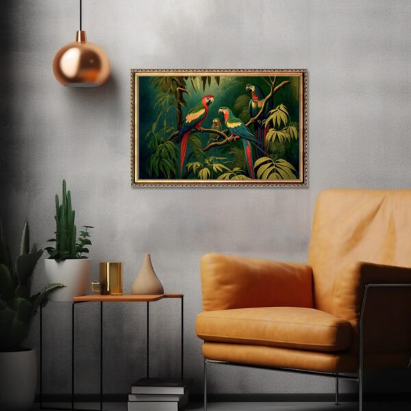 Papageien im Dschungel Leinwandbild mit Rahmen Kunstdruck Wohnzimmer Schlafzimmer
