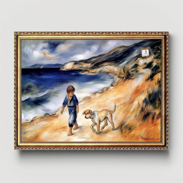 Junge mit Hund am Strand Auguste Renoir Stil als Kunstdruck mit Rahmen