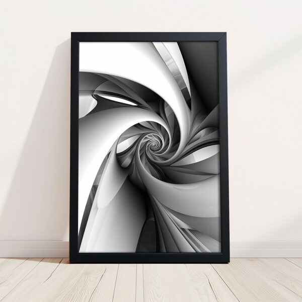 Spiralförmige Elemente Schwarz-Weiß Kunstdruck Bild mit schwarzem Rahmen aus Holz