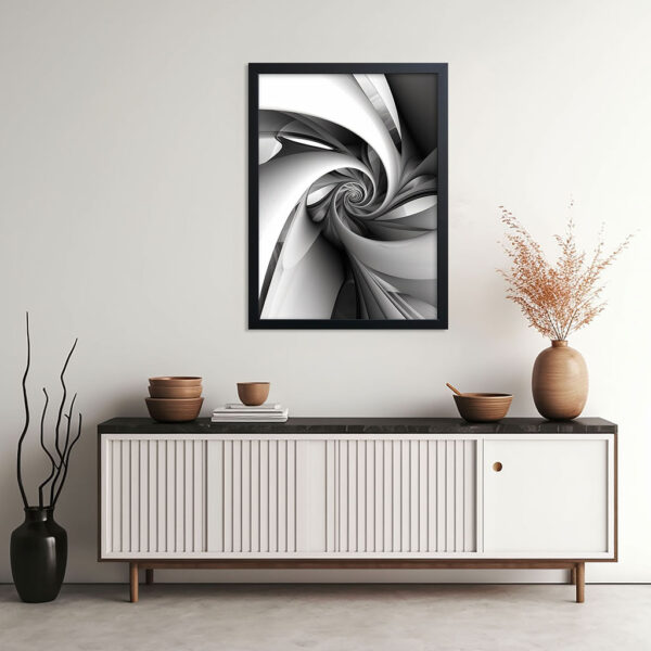Spiralförmige Elemente Schwarz-Weiß Kunstdruck Bild mit schwarzem Rahmen aus Holz