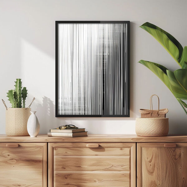 Streifen Komposition Schwarz-Weiß Kunstdruck Bild mit schwarzem Rahmen aus Holz